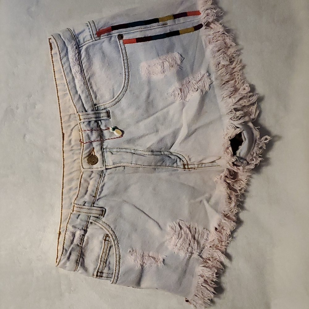 NWOT FARM RIO BRASIL Anthro distress cutoff denim fray shorts blue pink hue #F23